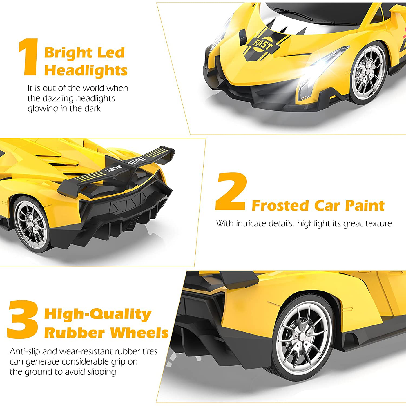 Growsland Remote Control Car, RC Cars Xmas Gifts for Kids 1/18 Electric Sport Racing Hobby Toy Car Yellow Model Vehicle for Boys Girls Adults with Lights and Controller