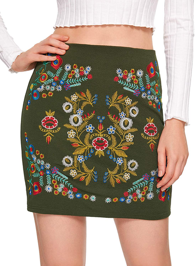 SheIn Women's Casual Floral Embroidered Bodycon Short Mini Skirt