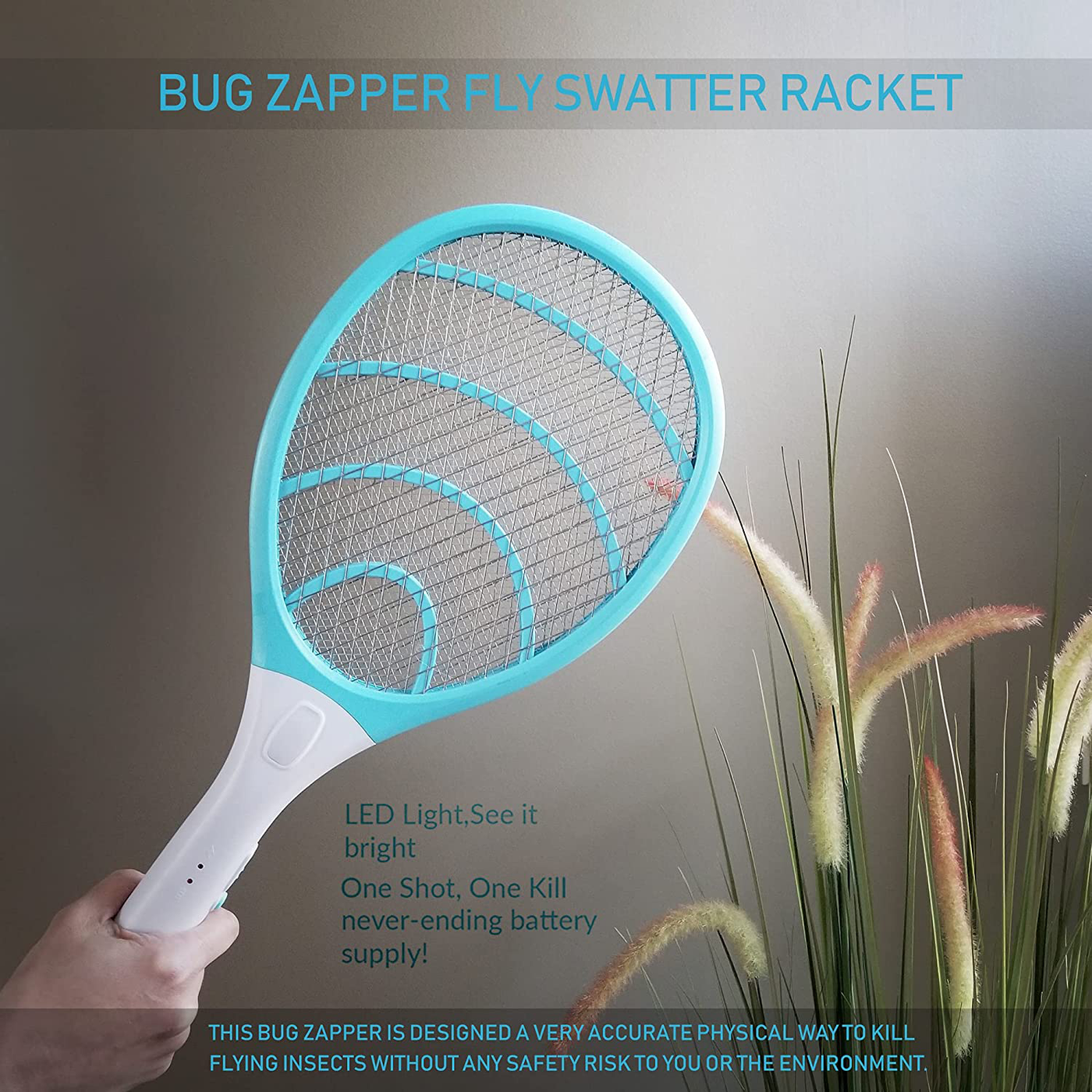 Rechargeable Electric Powerful Bug Zapper Fly Swatter Racket, Handheld Wasp Mosquitoes Flies Insects Killer Racquet for Indoor and Outdoor Pest Control Bat, eco Friendly Safe 4000 Volt, Blue/Gray