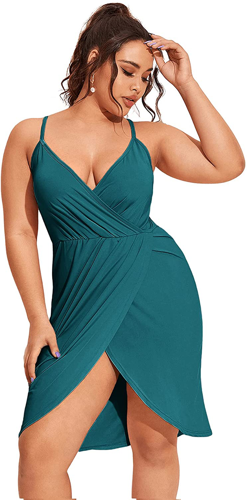 Romwe Women's Plus Size Sexy Wrap Deep V-Neck Split Summer Spaghetti Strap Sleeveless Party Mini Cami Dress