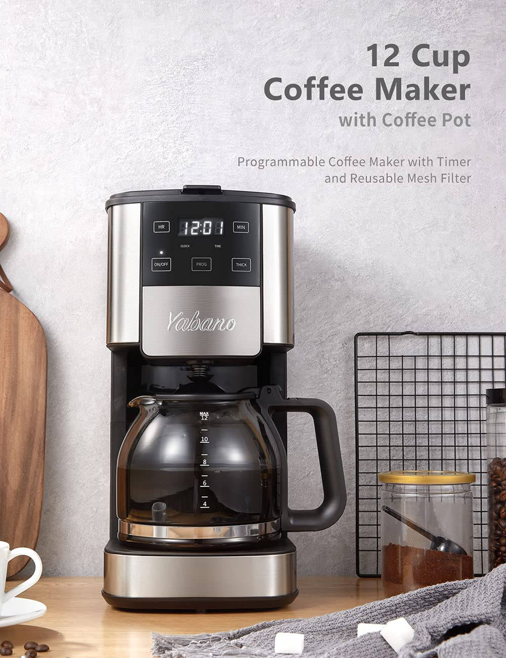 Programmable Coffee Maker, 12 Cups Coffee Pot with Timer and Glass Carafe, Brew Strength Control, Keep Warming, Mid-Brew Pause, Coffee Machine with Permanent Coffee Filter Basket, Anti-Drip System