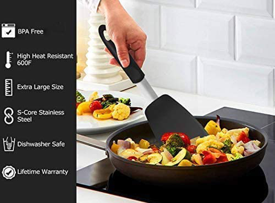 Silicone Spatulas for Nonstick Cookware, GEEKHOM 600F Heat Resistant Extra Large and Wide Flexible Spatulas Rubber Turners, Kitchen Cooking Utensils Set for Pancake, Eggs, Fish, Omelet(4 Pack, Black)