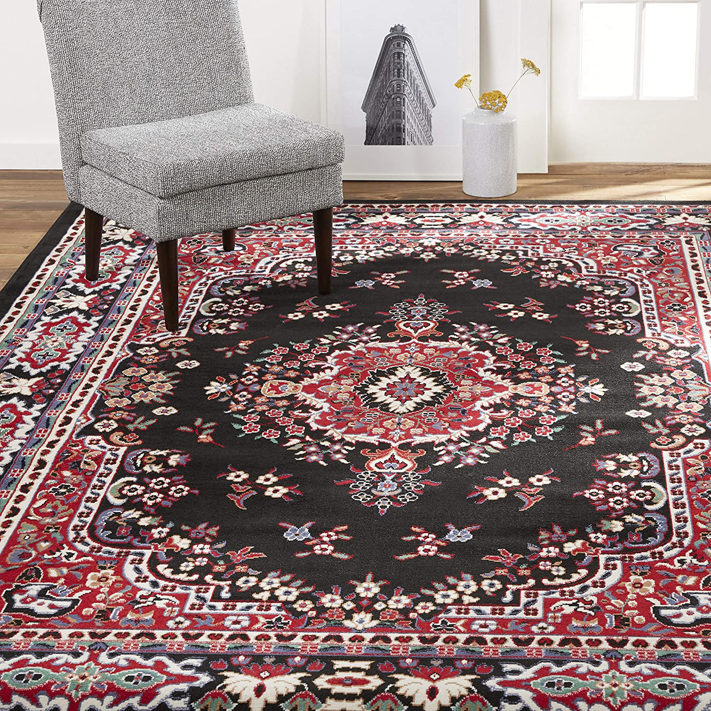 Home Dynamix Premium Sakarya Traditional Medallion Border Area Rug, Black, 3'7"x5'2" Rectangle