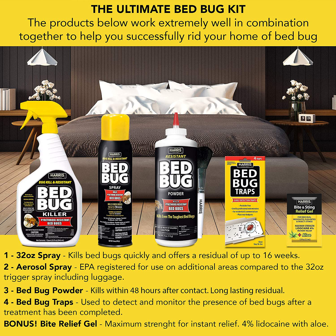 Harris Bed Bug Killer Value Bundle Kit - 32oz Bed Bug Killer, 16oz Aerosol Spray, 4oz Bed Bug Powder w/ Brush, 4-Pack Bed Bug Detection Glue Traps and Bed Bug Bite Relief Gel