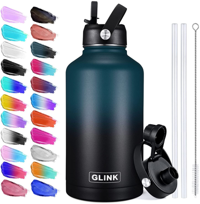 Glink Stainless Steel Water Bottle with Straw, 12-64 oz Wide Mouth Double Wall Vacuum Insulated Water Bottle Leakproof, Straw Lid and Spout Lid with New Rotating Rubber Handle