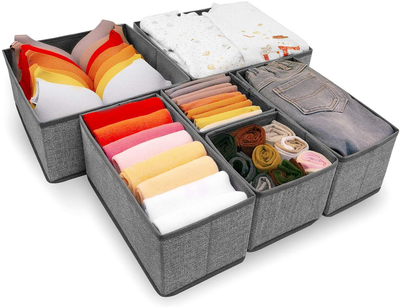 Drawer Organizer, 6 Set Foldable Underwear Drawer Organizer and Closet Dividers,Storage Box for Clothes, Socks, Underwear (6 Bins, Grey with White)