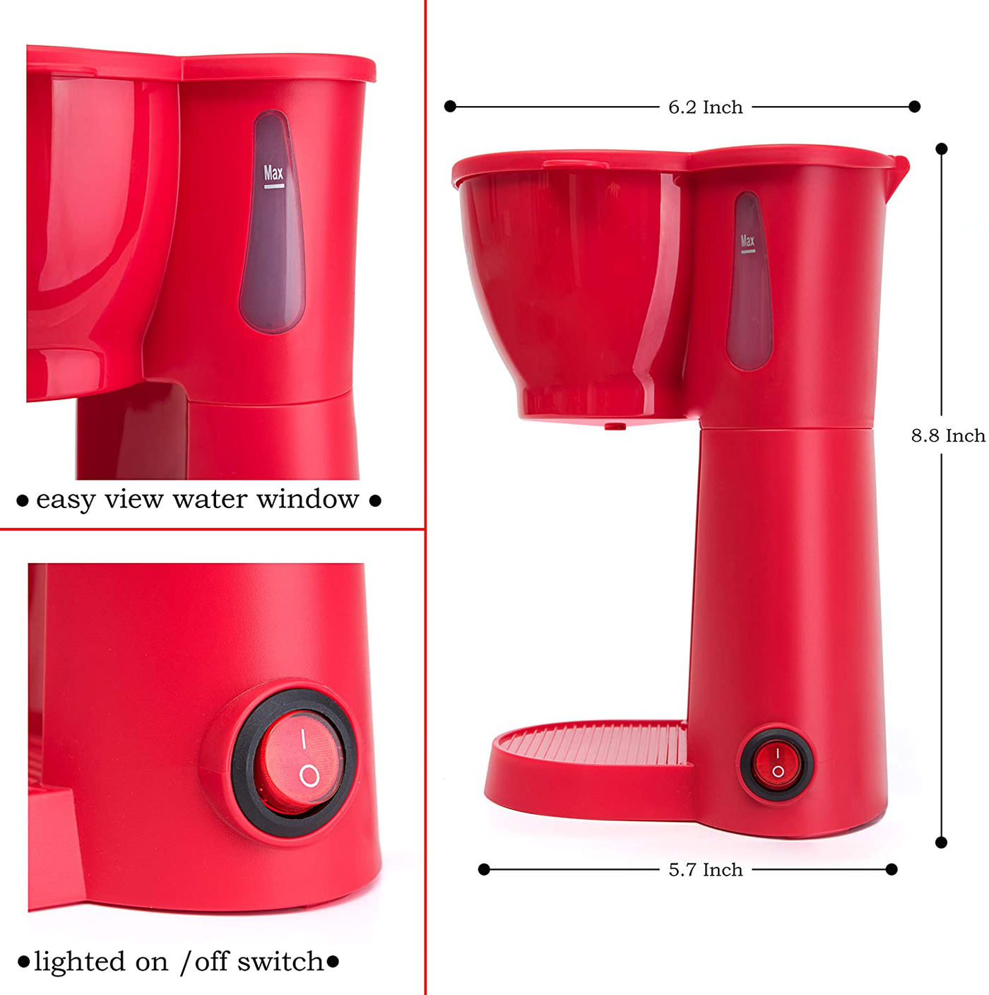 Mixpresso Mini Compact Drip coffee Maker With Brewing Basket, Red Small Coffee Pot, One Cup Brew, Gift For Men And Women (10.5oz)