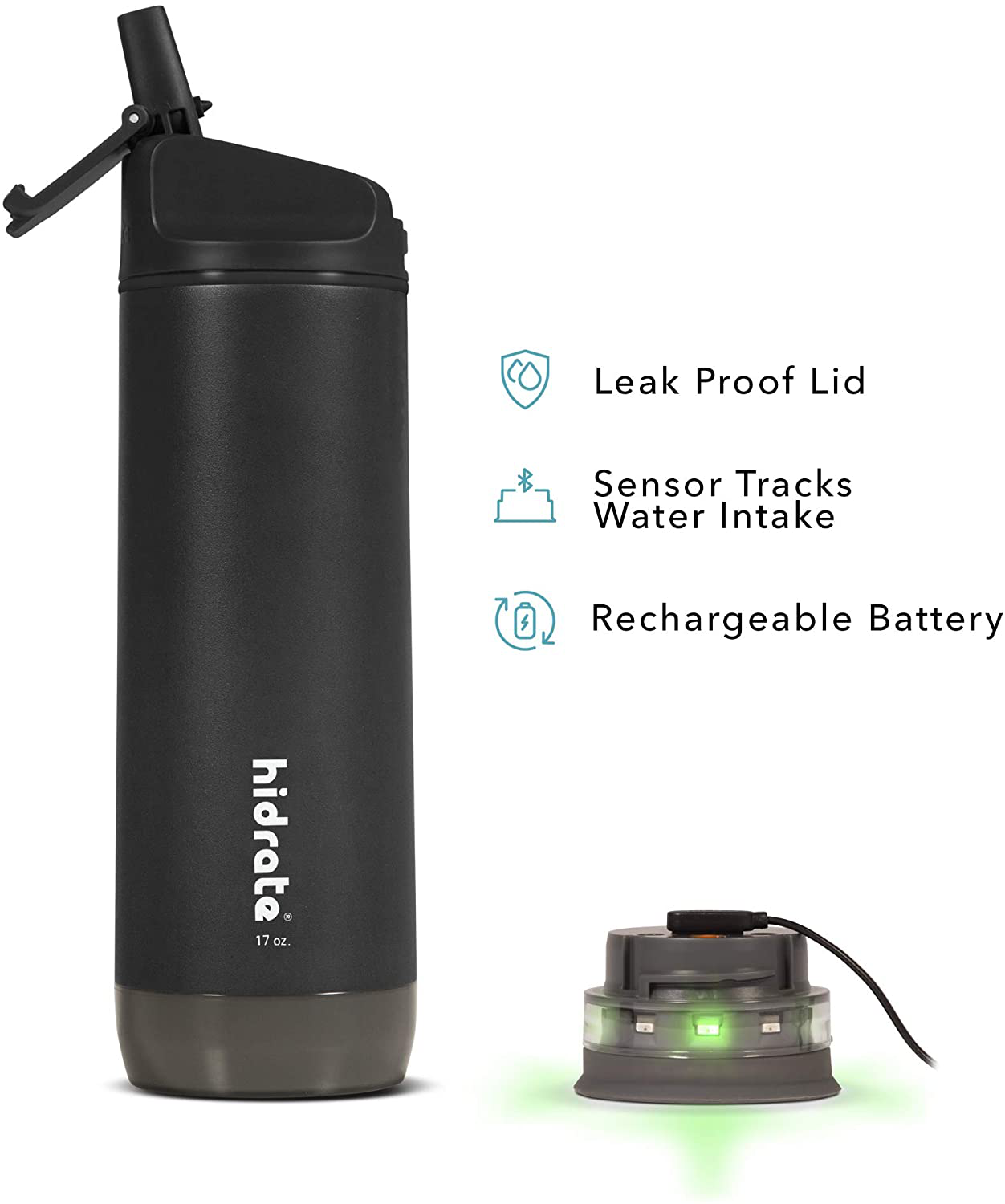 HidrateSpark STEEL Smart Water Bottle, Tracks Water Intake & Glows to Remind You to Stay Hydrated - Straw Lid