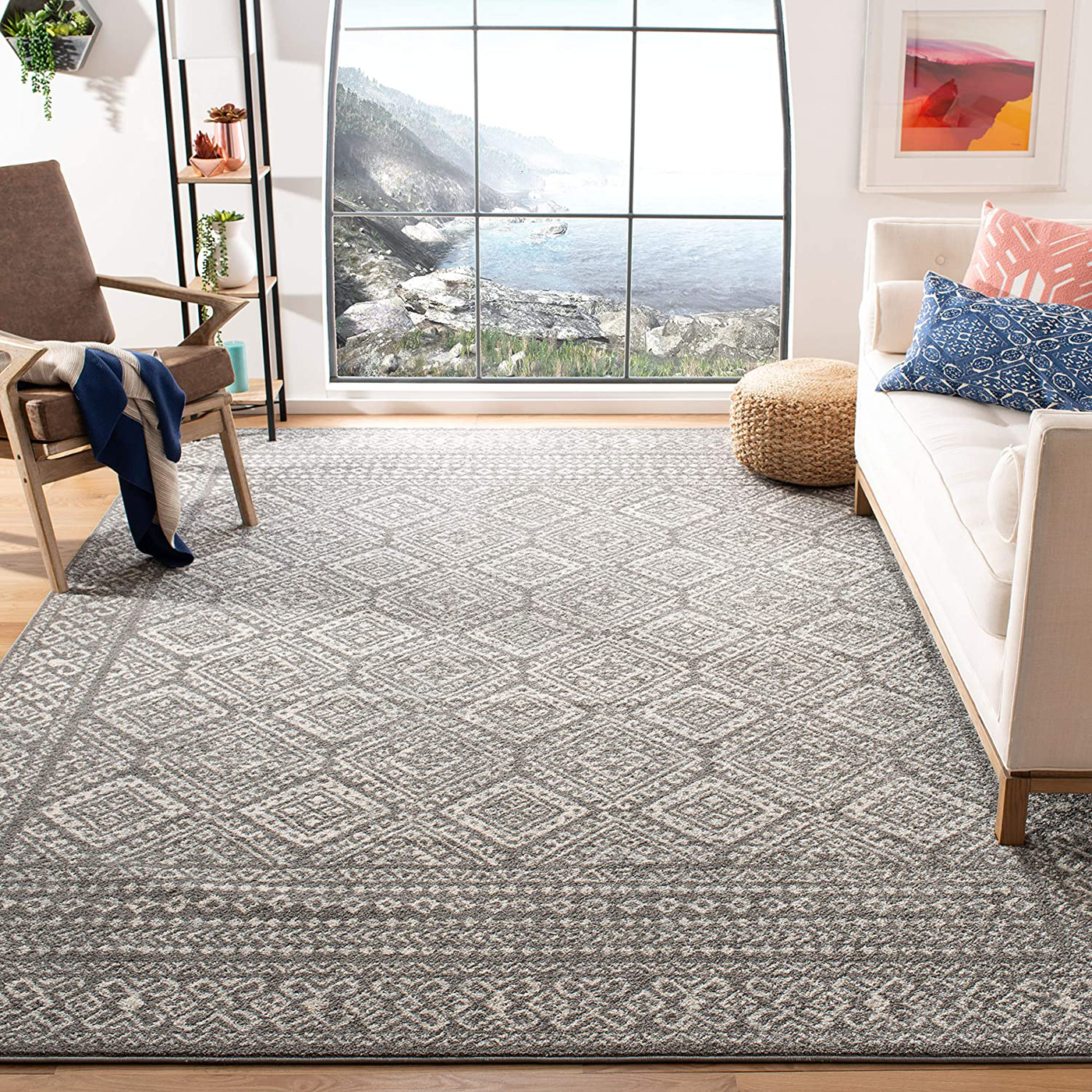 Safavieh Tulum Collection TUL264F Moroccan Boho Distressed Non-Shedding Living Room Bedroom Area Rug, 5' x 5' Square, Dark Grey / Ivory