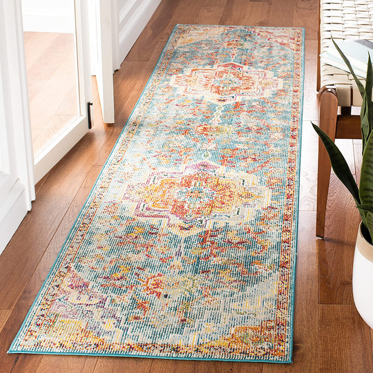 Safavieh Crystal Collection CRS501K Boho Chic Oriental Medallion Distressed Non-Shedding Stain Resistant Living Room Bedroom Runner, 2'2" x 11' , Orange / Teal