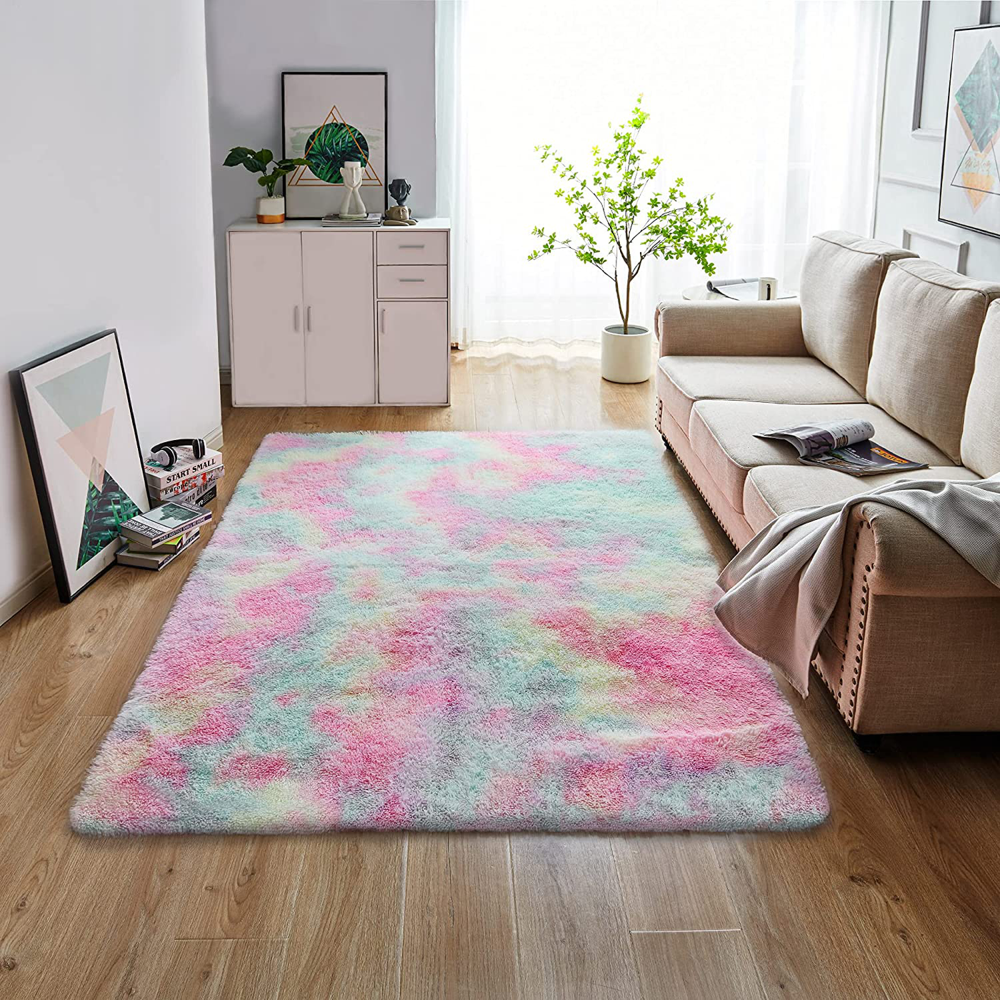 GKLUCKIN Shag Ultra Soft Area Rug, Non-Skid Fluffy 6'X9' Tie-Dyed Pink&Purple Fuzzy Indoor Large Faux Fur Rugs for Living Room Bedroom Nursery Girls Room Decor Furry Carpet Kids Playroom