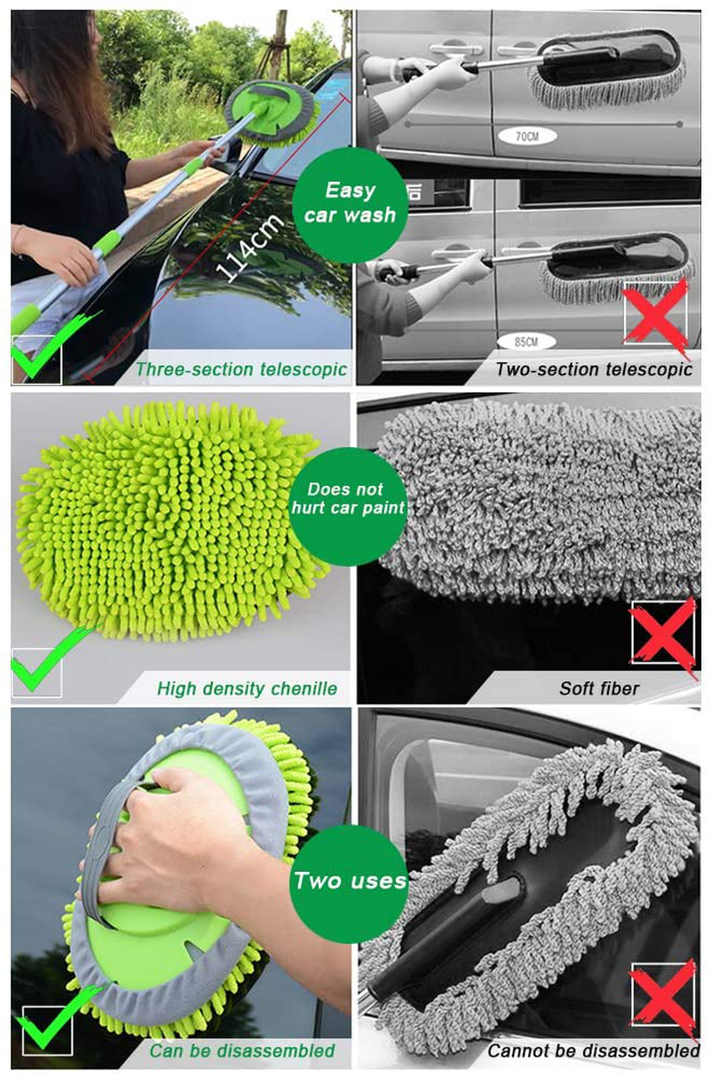 Yueiehe 2 in 1 Chenille Microfiber Car Wash Mop Mitt with 46" Aluminum Alloy Long Handle,Car Cleaning Kit Brush Duster,Scratch Free Cleaning Tool Dust Collector Supplies, 2Pcs Mop Head(Green)