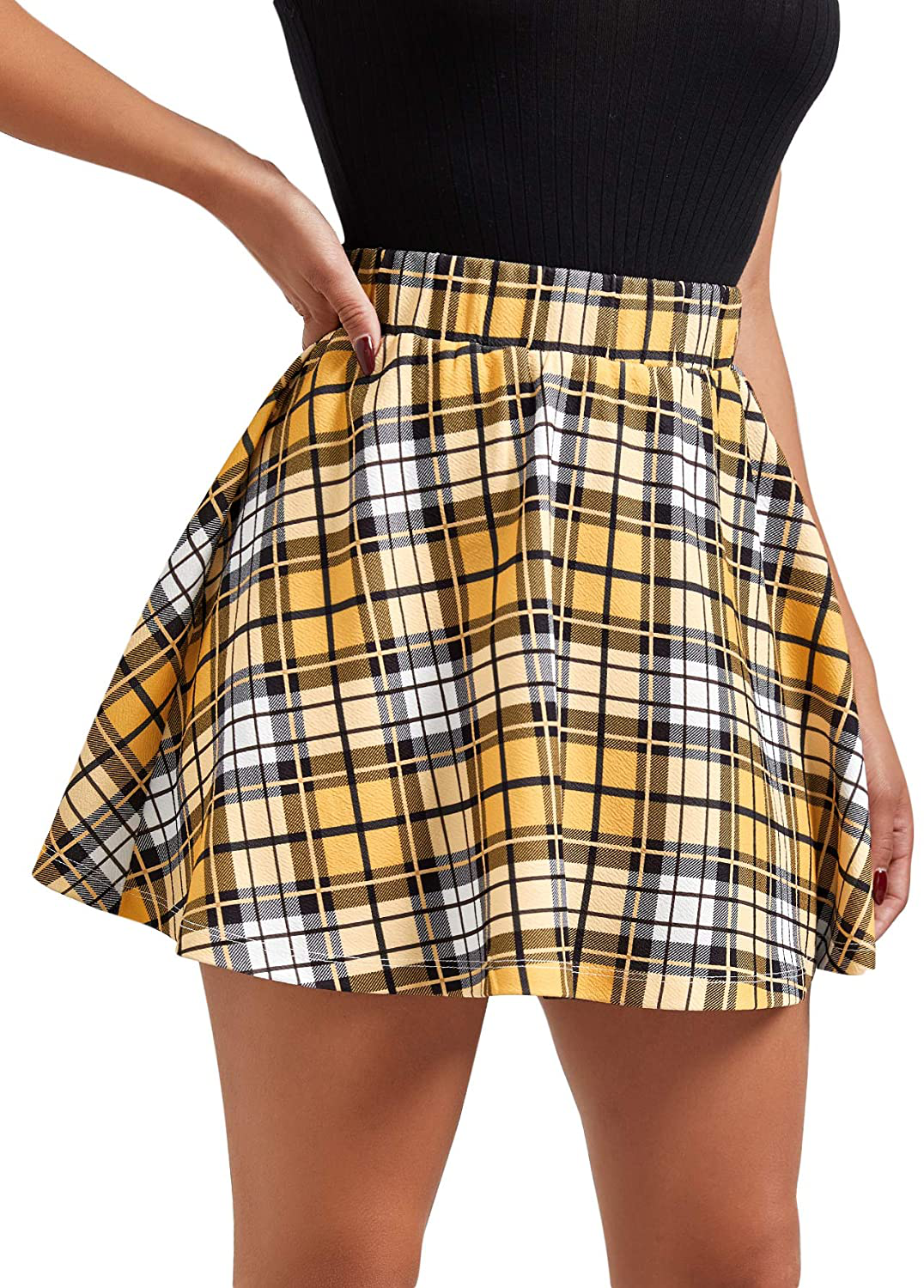 SheIn Women's High Waist Flared Mini Skirt Plaid Short Skater Skirt