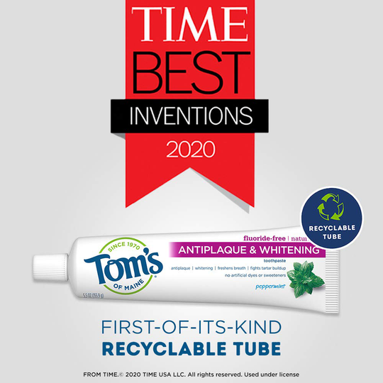 Tom's of Maine Fluoride-Free Antiplaque & Whitening Natural Toothpaste, Peppermint, 5.5 oz. 2-Pack (Packaging May Vary)
