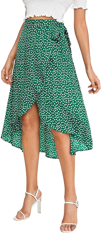 SheIn Women's Boho Ditsy Floral Knot High Waisted Wrap Split Midi Skirt