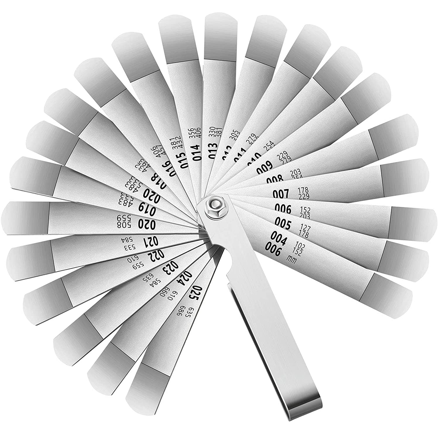 Stainless Steel Feeler Gauge Measuring Tool Dual Marked Metric and Imperial Gap Measuring (0.102/0.152-0.635/0.686 mm,22 Blades)