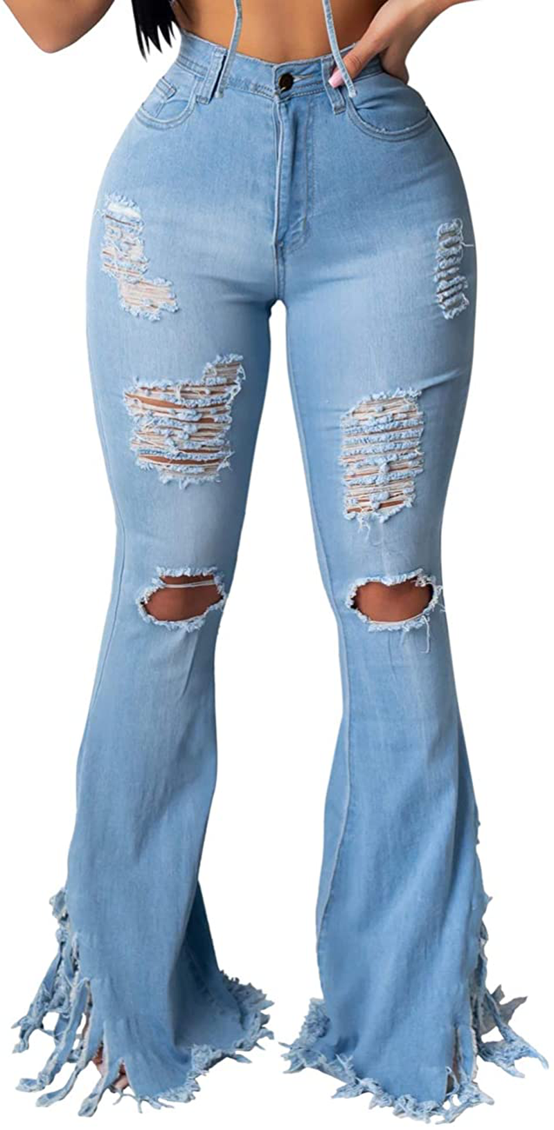 Bell Bottom Jeans for Women Elastic Skinny Ripped Hole Classic Denim Pants