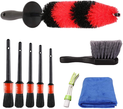 SPTA 9Pcs Wheel & Tire Brush Car Detailing kit, Easy Reach Wheel and Rim Brush, 5pcs Detailing Brushes, Short Handle Cleaning Brush, 1pc Microfiber Cleaning Cloth, Great to Clean Dirty Tires