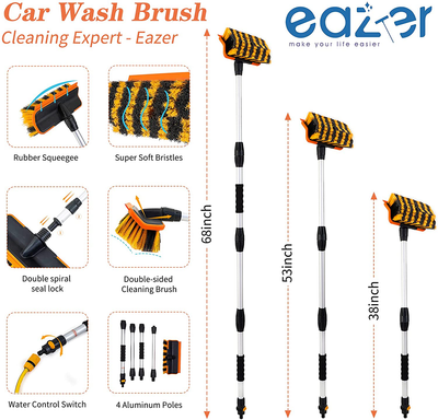 eazer Car Wash Brush with Long Handle & 10-inch 2-Sided Soft Bristle Head, Car Wash Brush Kit Includes Adjustable 68" Flow-Through Handle, Hose Attachment & on/Off Switch for Car, Boat, Truck, SUV