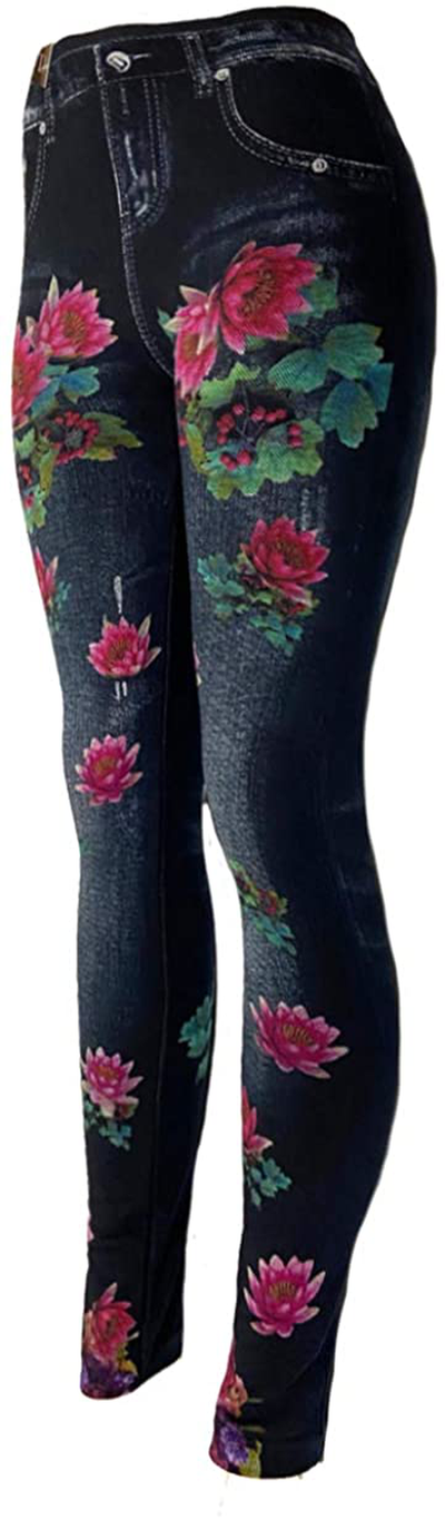 CLOYA Women's Denim Print Seamless Full Leggings for All Seasons - One Size Fits Large & X-Large