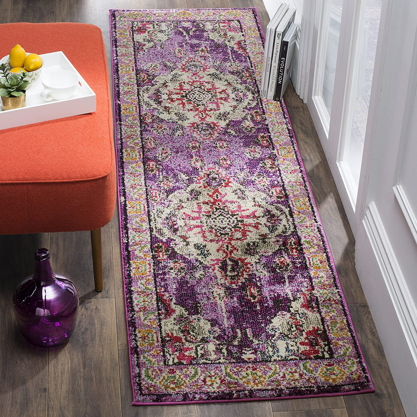 Safavieh Monaco Collection MNC243P Boho Chic Medallion Distressed Non-Shedding Stain Resistant Living Room Bedroom Runner, 2'2" x 8' , Violet / Fuchsia