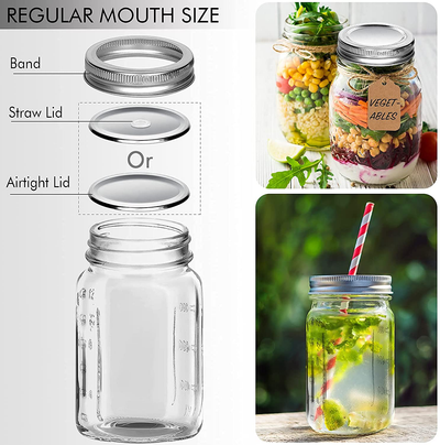 16 Oz Mason Jars, Budiwati 12 Packs Regular Mouth Glass Mason Jars with Airtight&Straw Lids Clear Canning Jar with Measurement Marks for Storing, Canning, Organizing -12 Pcs Labels and Hemp Rope