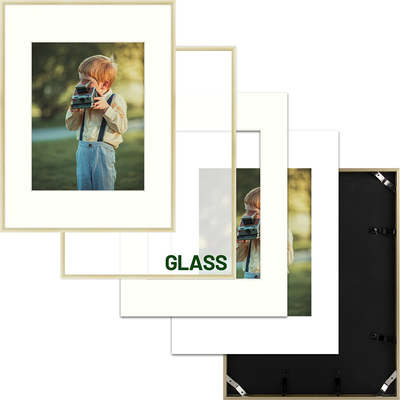 Frametory, 12x16 inch Gold Metal Picture Frame - Aluminum Thin Molding - Photo Frame with Ivory Color Mat for 8.5x11Wall Art & Pre-installed Mounting hardware - Real Glass