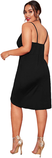 Romwe Women's Plus Size Sexy Wrap Deep V-Neck Split Summer Spaghetti Strap Sleeveless Party Mini Cami Dress