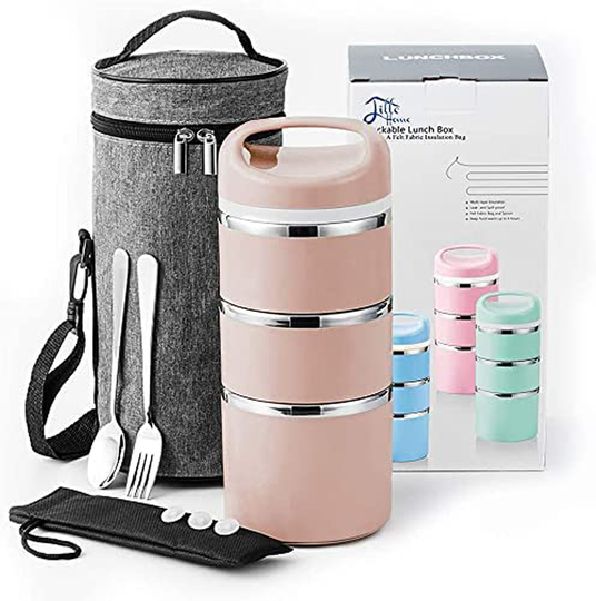 Lille Home Stackable Stainless Steel Compartment Lunch/Snack Box, 3-Tier Insulated Bento/Food Container with Upgraded Lunch Bag, Portable Cutlery Set and 3 Extra Silicone Seals, 43OZ, Gold