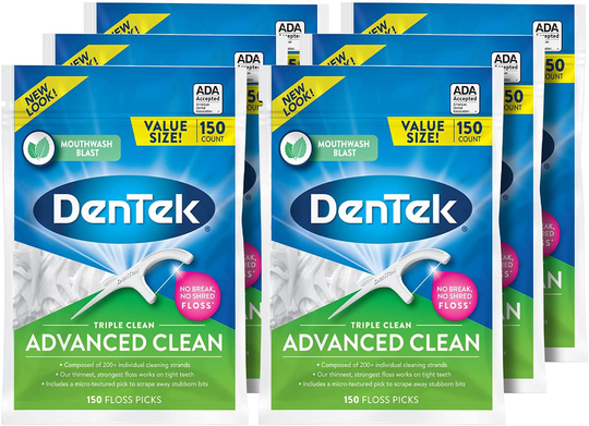 DenTek Triple Clean Advanced Clean Floss Picks, No Break & No Shred Floss, 150 Count, 6 Pack
