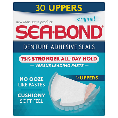 Sea Bond Secure Denture Adhesive Seals, Original Uppers, Zinc Free, All Day Hold, Mess Free, 30 Count