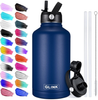 Glink Stainless Steel Water Bottle with Straw, 32oz Wide Mouth Double Wall Vacuum Insulated Water Bottle Leakproof, Straw Lid and Spout Lid with New Rotating Rubber Handle Deep Sea Blue