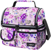 OPUX Insulated Dual Compartment Lunch Bag for Men, Women | Double Deck Reusable Lunch Pail Cooler Bag with Shoulder Strap, Soft Leakproof Liner | Large Lunch Box Tote for Work, School (Floral Purple)