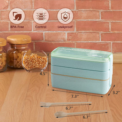 Bento Box for Kids Lunch Boxes Adults 3-In-1 Meal Prep Container, 900ML Janpanese Lunch Box with 3 Layer Compartment, Wheat Straw, Leak-proof, Spoon Fork, Lunch Bag with Soup Cup, BPA-free, Beige