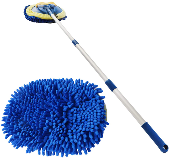 SPWOLFRT Car Wash Brush, Car Cleaning Mop with Adjustable Long Handle, Chenille Microfiber Car Wash Mitt Mop, Glass Scrabber 3 in 1 Vehicle Cleaner Kit (Blue)