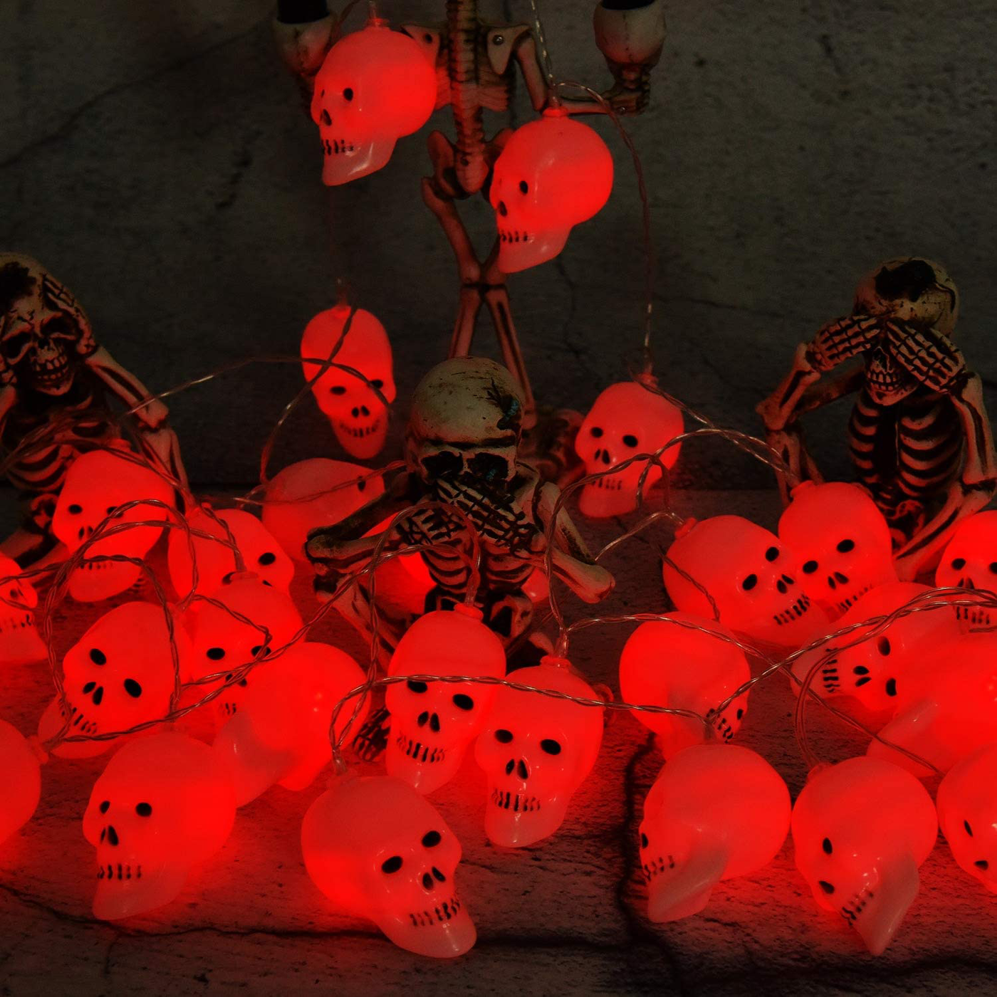 Halloween Skeleton Skull String Lights, Halloween Decoration Spooky Lights with 30 LEDs，Waterproof 8 Modes Twinkle Lights，Halloween Indoor/Outdoor Party, Yard, Haunted House Decorations（Red）