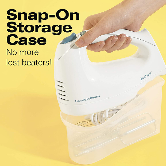 Hamilton Beach 6-Speed Electric Hand Mixer, Beaters and Whisk, with Snap-On Storage Case, White