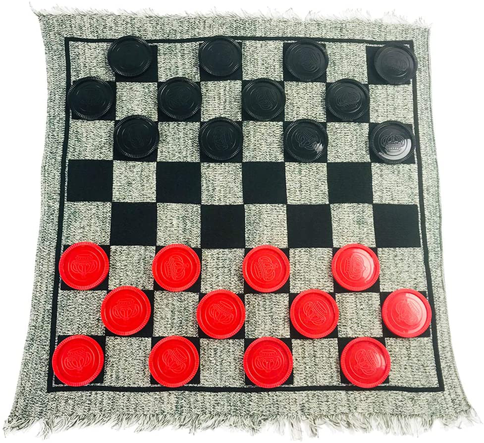 Yuanhe 3 in 1 Giant Checkers Set and Tic Tac Toe Game with Reversible Rug - Indoor and Outdoor Board Game for Family