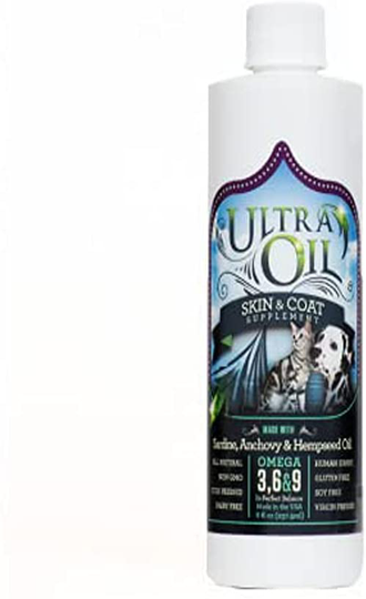 Ultra Oil Skin and Coat Supplement for Dogs and Cats with Hemp Seed Oil, Flaxseed Oil, Grape Seed Oil, Fish Oil for Relief from Dry Itchy Skin, Dull Coat, Hot Spots, Dandruff, and Allergies