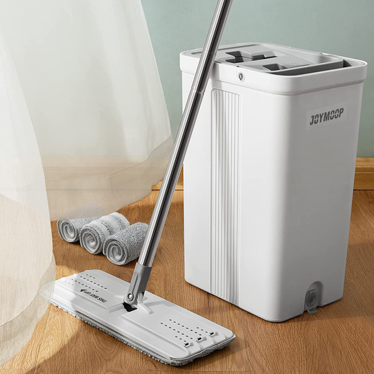 JOYMOOP Squeeze Flat Floor Mop and Bucket Set with 3 Microfiber Mop Pads Refills Easy Self-Wringing Cleaning Mop Bucket, Wet and Dry Mopping Hardwood, Laminate, Tile