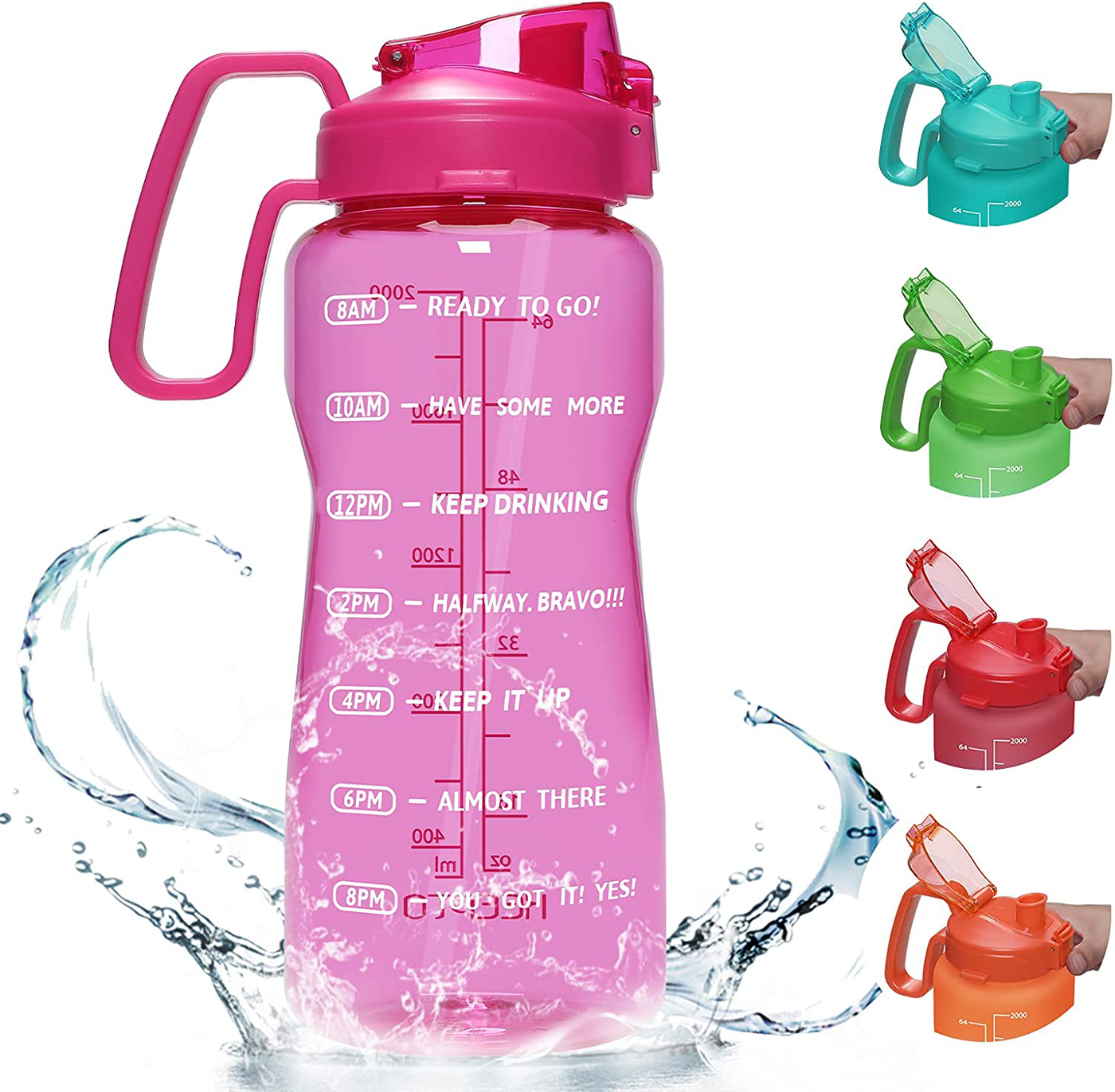 KEEPTO 64oz, 128oz Water Bottle with Handle - Tritan Water Bottle for Daily Hydration, Large Sport Water Jug with Measurement & Time Marker to Drink Enough Water Everyday