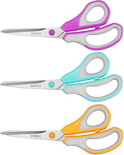 Scissors QMVESS 8" Multipurpose Scissors 3-Pack Sharp Blade Comfort Grip Handle Scissors for Office Home School Craft Supplies Scissors for Crafting (Yellow,Green,Purple)
