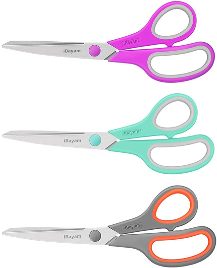 Scissors, iBayam 8" Multipurpose Scissors Bulk 3-Pack, Ultra Sharp Blade Shears, Comfort-Grip Handles, Sturdy Sharp Scissors for Office Home School Sewing Fabric Craft Supplies, Right/Left Handed