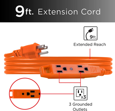 UltraPro JASHEP51927, Orange, GE 9 ft Extension, Indoor/Outdoor, Grounded, Double Insulated Cord, UL Listed, 51927, 9 ft, 9 Ft