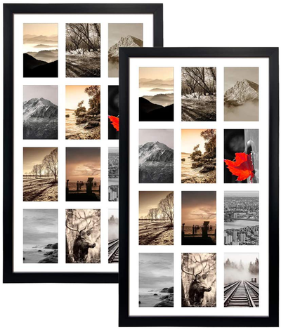 12 Opening 4x6 Black Collage Picture Frames Set of 2, Multiple Frames for Displaying 6x4 Photos with White Mat