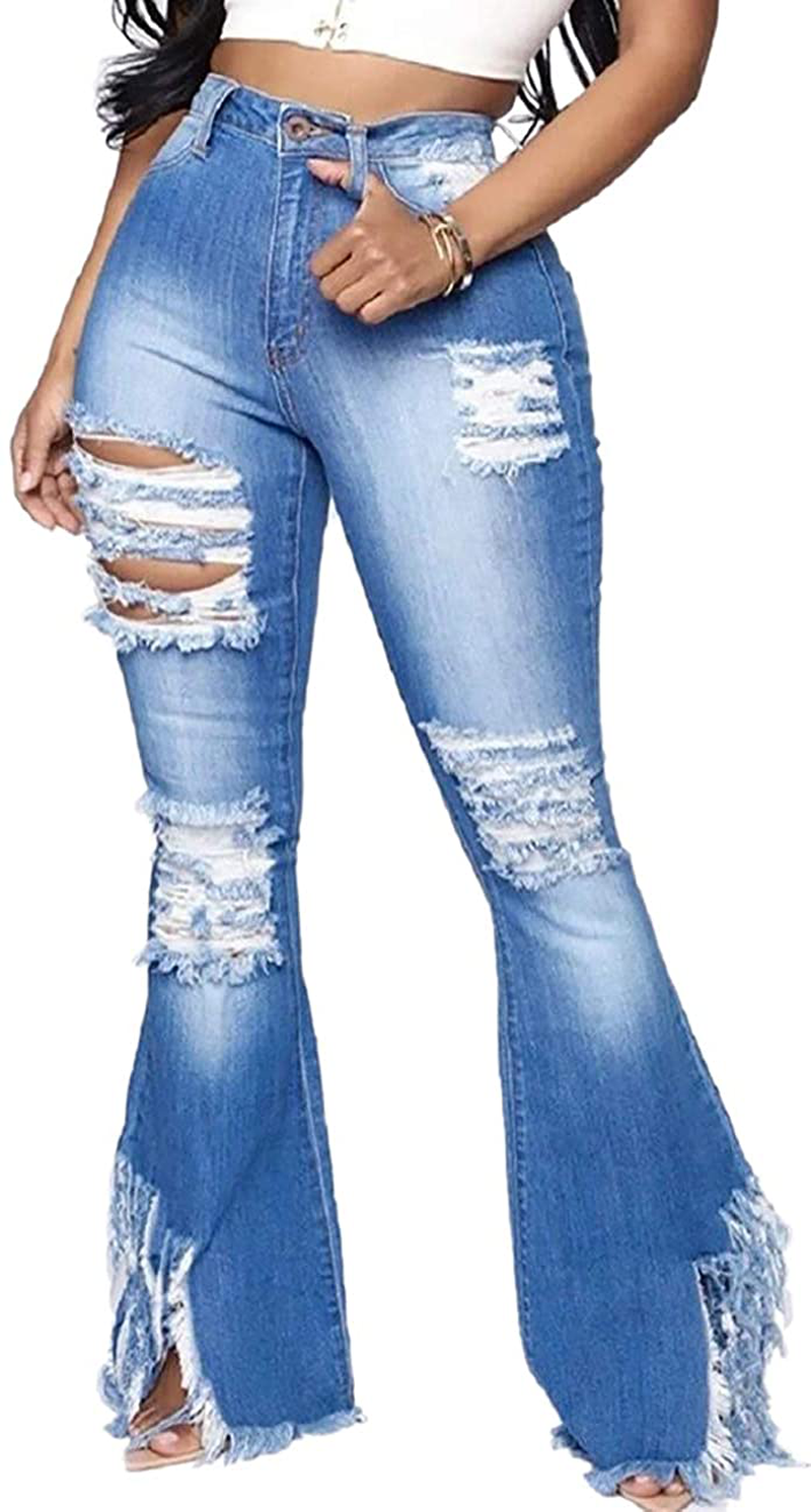 Bell Bottom Jeans for Women Elastic Skinny Ripped Hole Classic Denim Pants