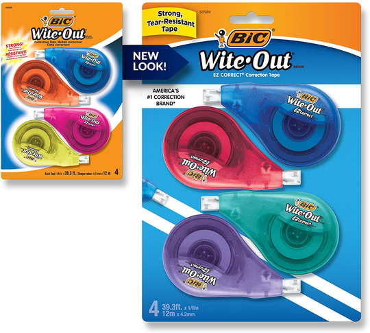 BIC Wite-Out Brand EZ Correct Correction Tape, White, Fast, Clean & Easy To Use, Tear-Resistant Tape, 4-Count