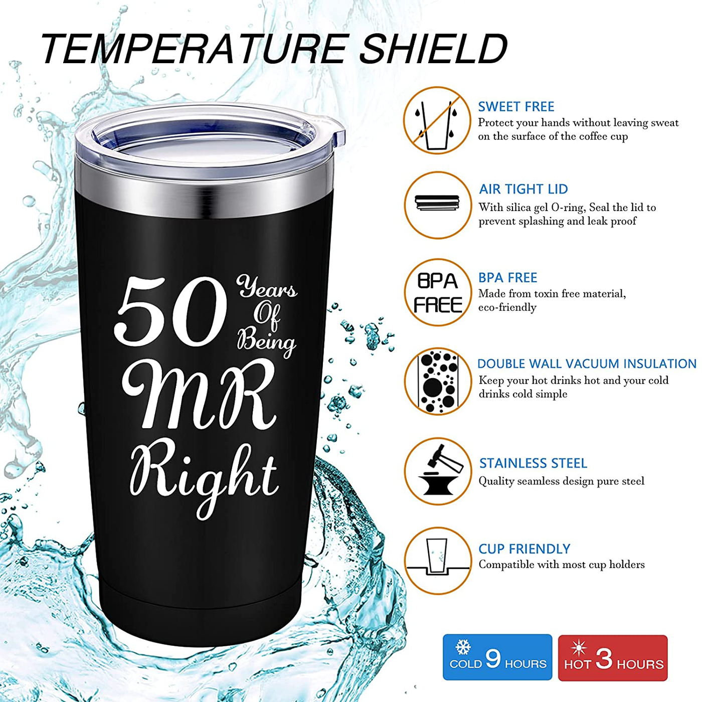 2 Pieces 50th Wedding Anniversary Coffee Mug, 50 Years of Being MR/MRS Always Right Gifts Set for Grandparents Couple Husband Wife, 20 oz Mug Tumbler with Lids and Gift Box (Black, White)
