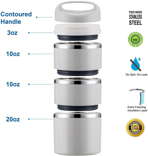 Lille Home Stackable Stainless Steel Thermal Compartment Lunch/Snack Box, 3-Tier Insulated Bento/Food Container with Upgraded Lunch Bag, Portable Cutlery Set and 3 Extra Silicone Seals, 43OZ, Pink