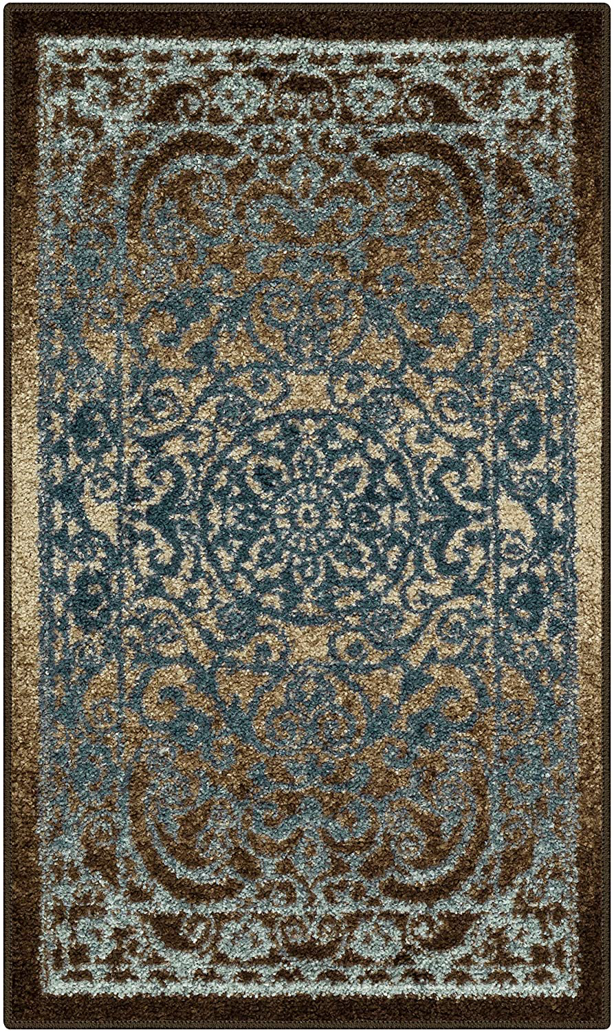 Maples Rugs Pelham Vintage Kitchen Rugs Non Skid Washable Accent Area Carpet [Made in USA], 1'8 x 2'10, Blue/Walnut